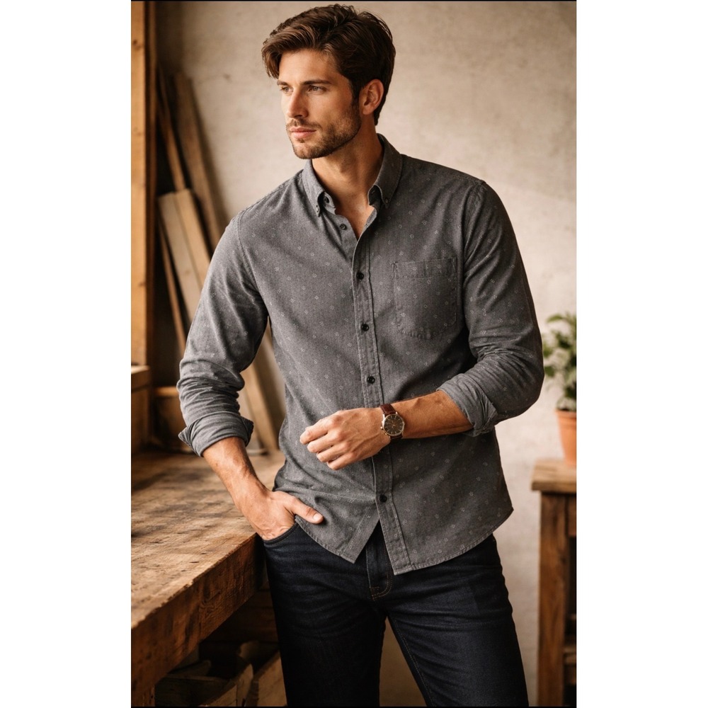 Taylor Stitch Gray Anchor Print Button Down Shirt Mens Long Sleeve 38 Coastal